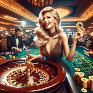 vrouw speelt roulette met een bitcoin munt in haar hand als inzet om te gokken