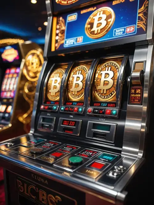 Crypto gokautomaat, illustratie van online gokkasten die met cryptocurrency worden gespeeld
